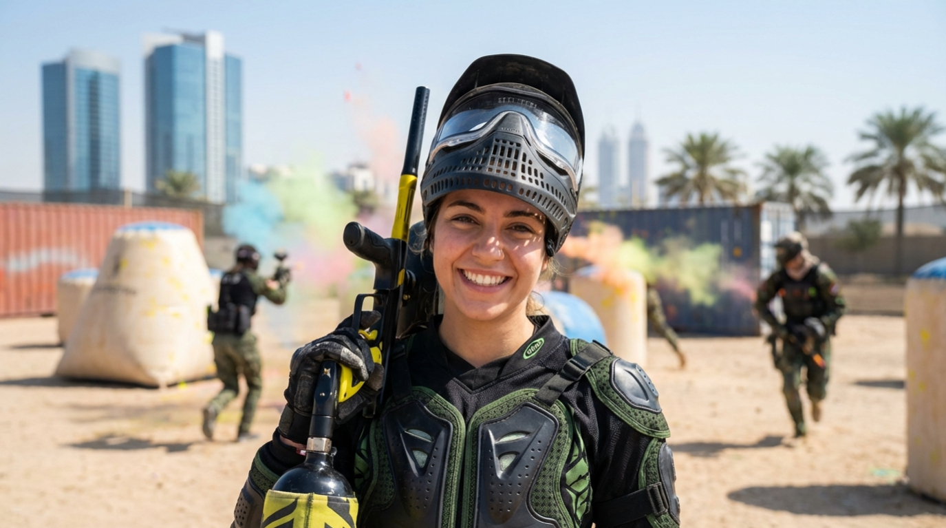 Woman playing paintball in Dubai - FAQ about paintball experience